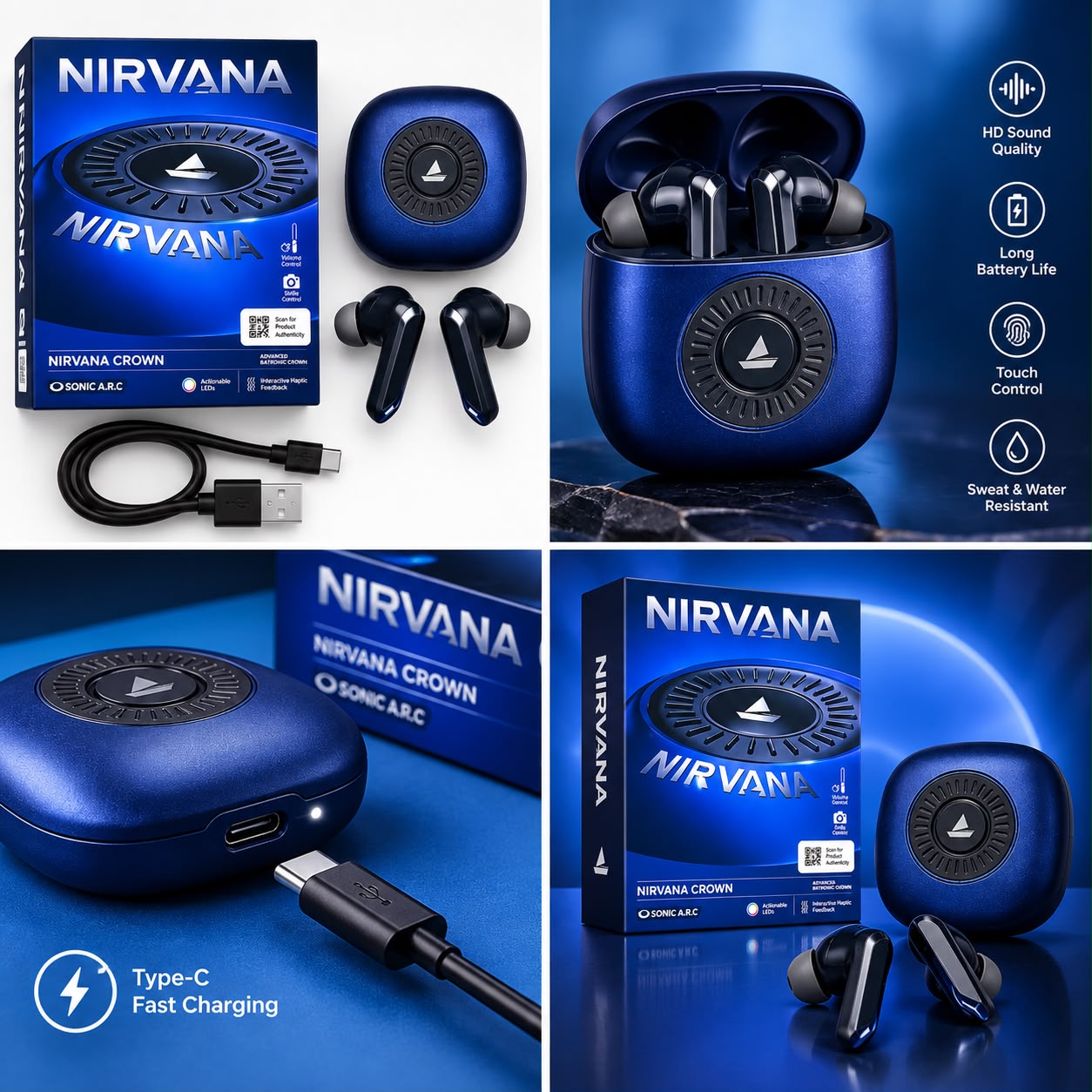 Nirvana Crown Style Wireless Earbuds with Touch Control, Volume Control & LED - Image 2